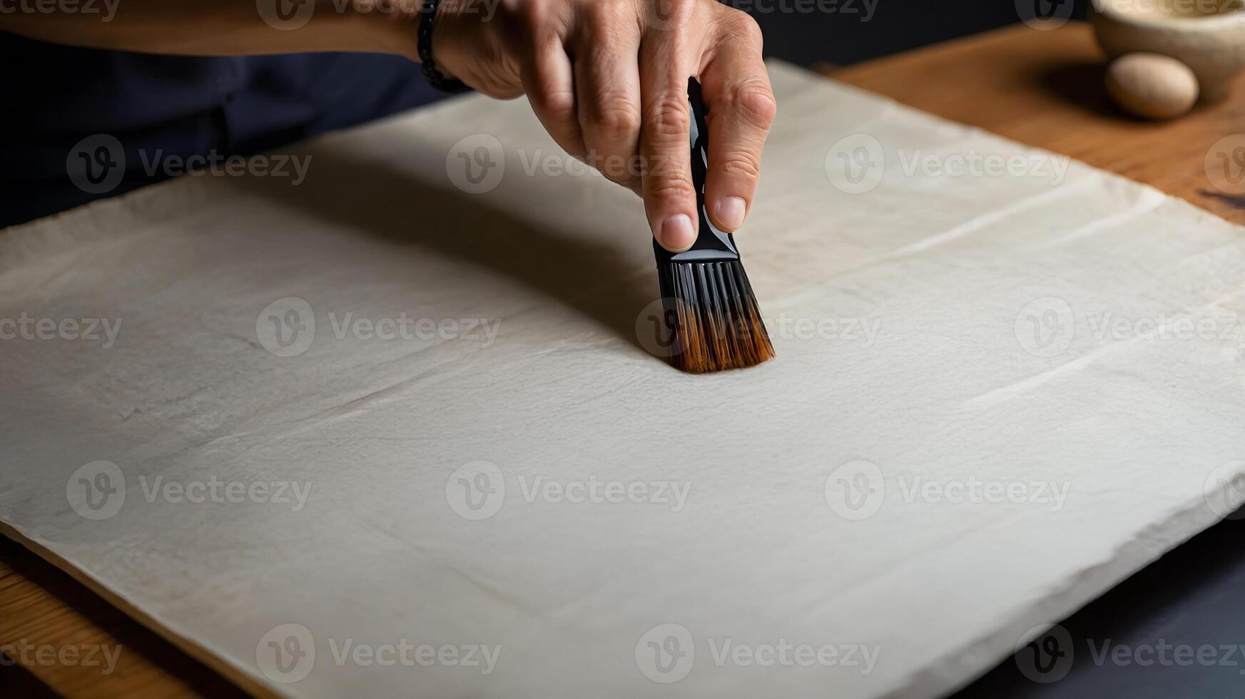 A person is using a brush to paint on a piece of paper photo
