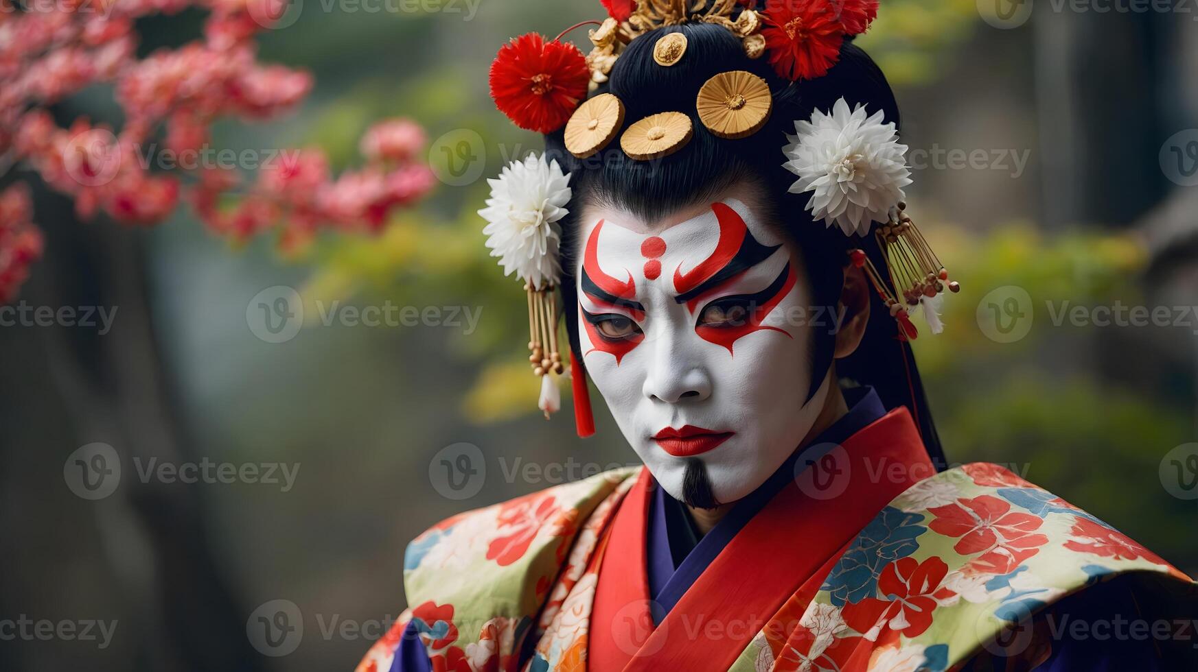 A man in traditional japanese costume with white makeup photo