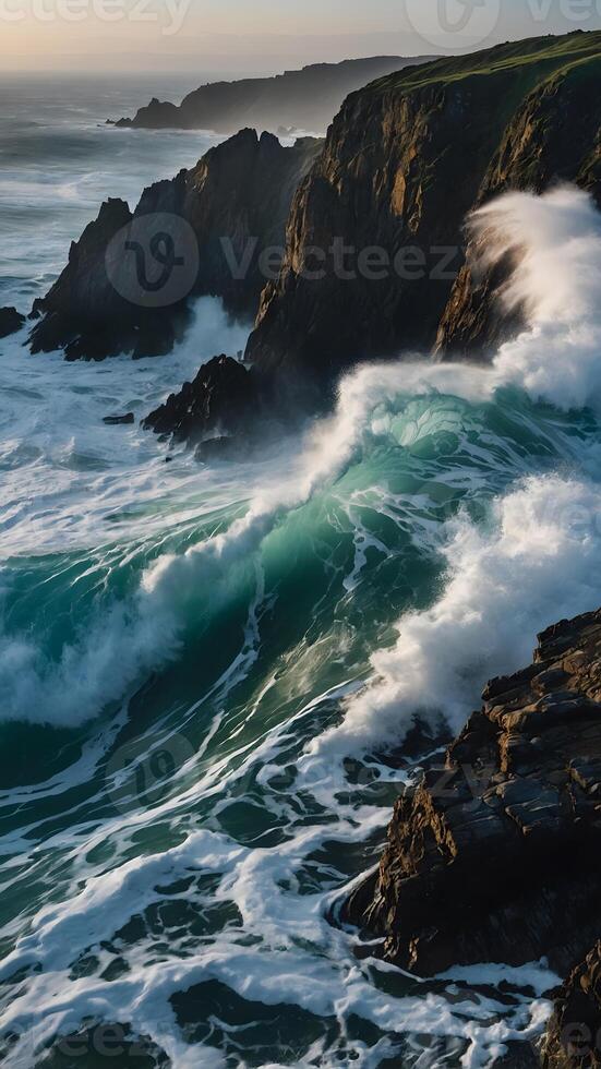 Waves crash on the rocks at sunset photo
