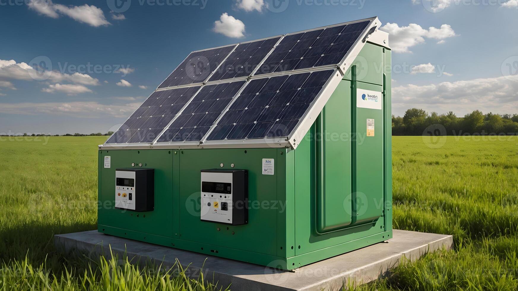 A green building with solar panels on top photo