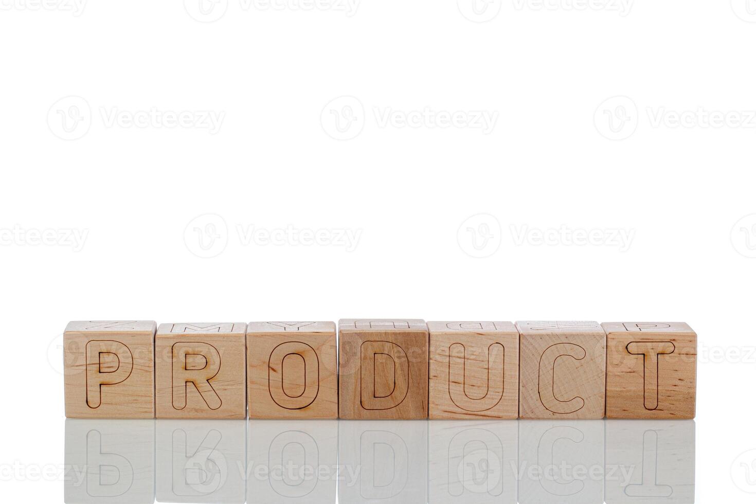 Wooden cubes with letters product on a white background photo