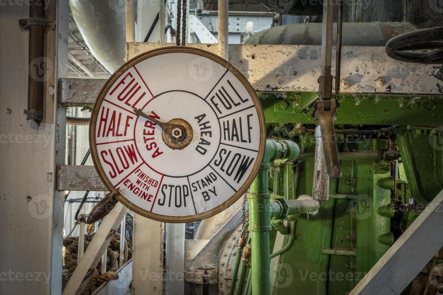 telegraph controls in engine room of a vintage steamship photo