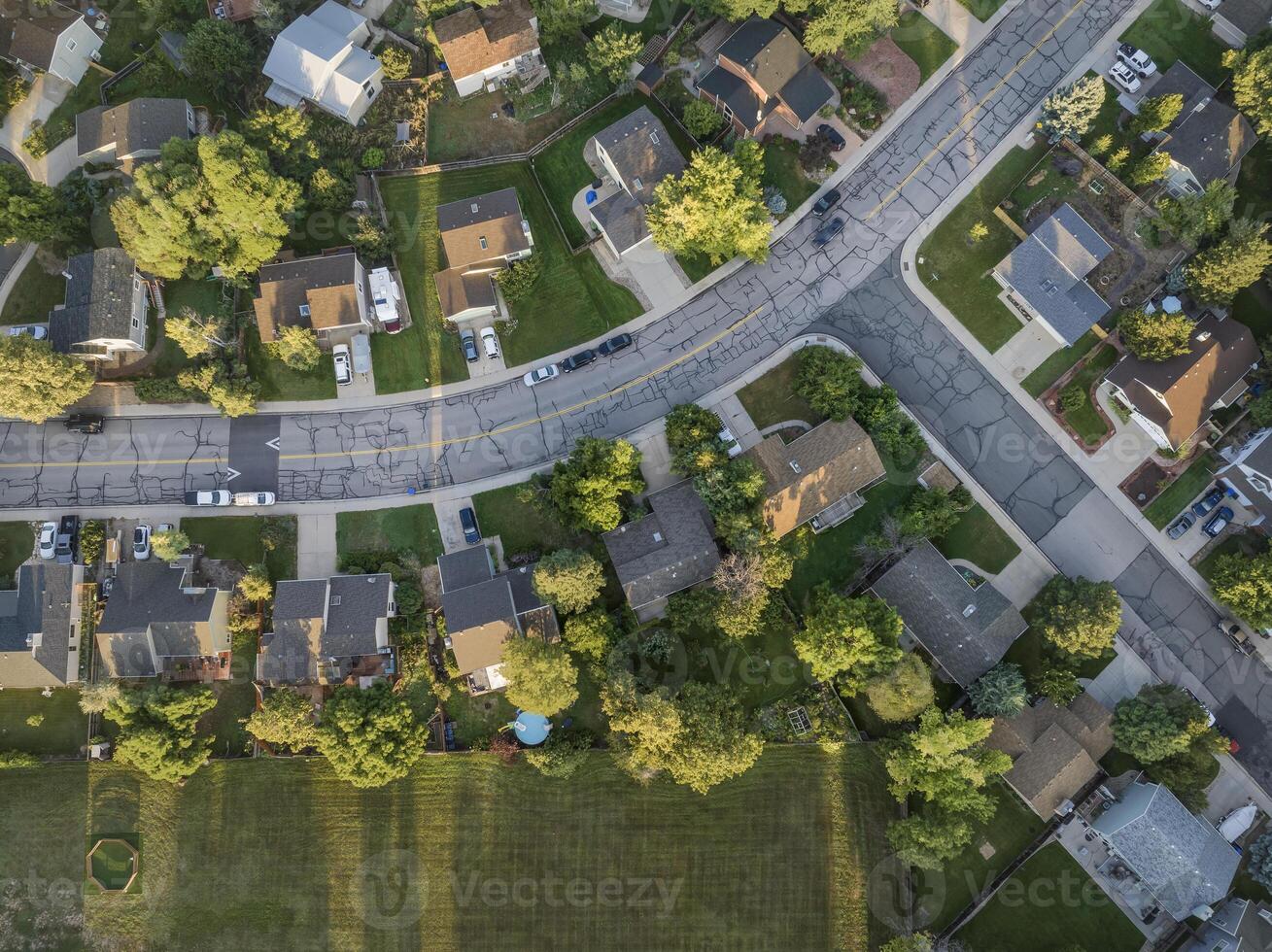 late summer sunrise over residential area of Fort Collins in northern Colorado, aerial view photo