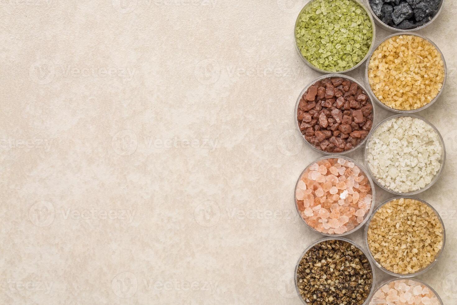 colorful sea salts collection with copy space photo