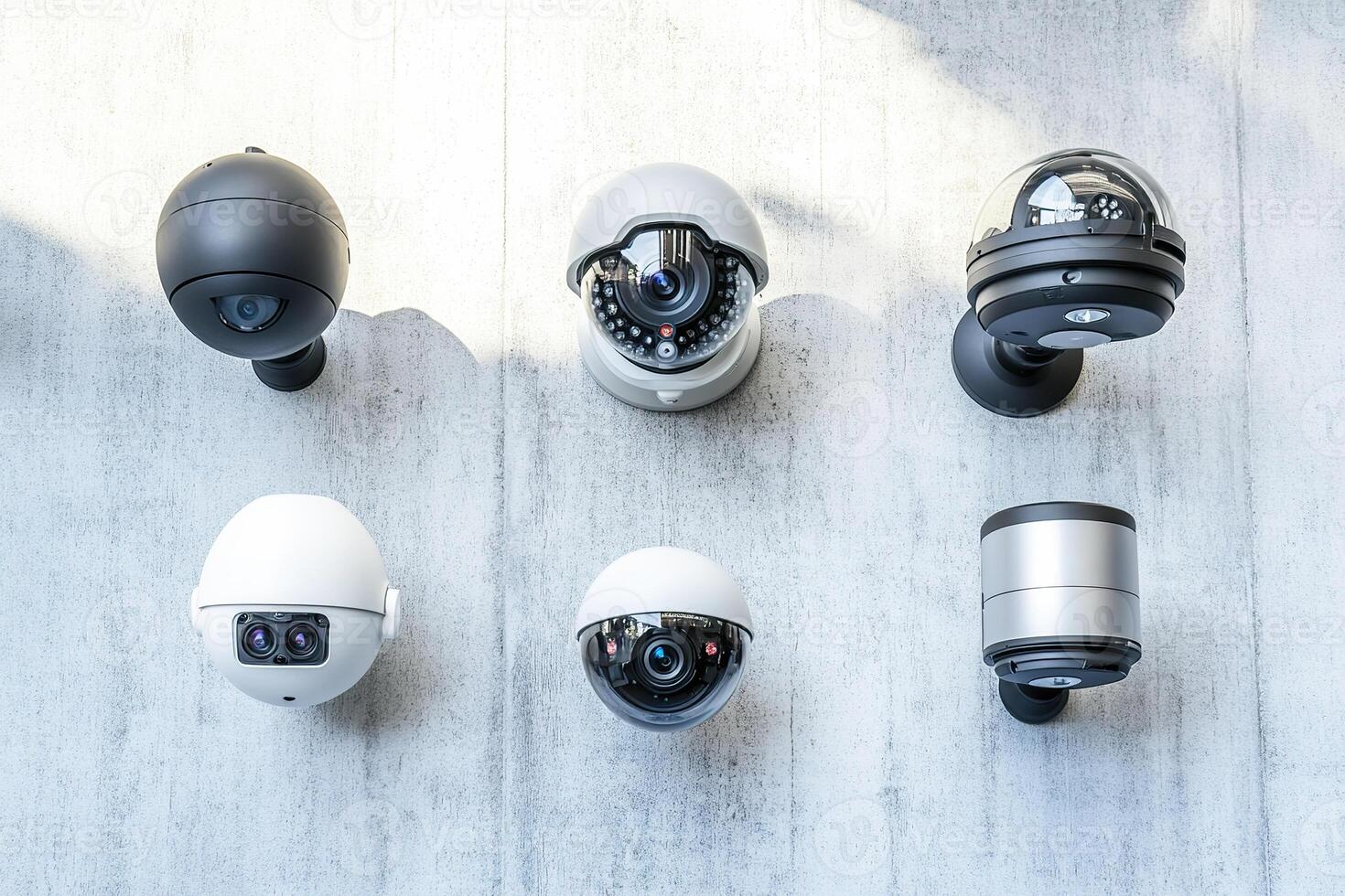 Different types of security cameras are displayed on concrete wall. photo