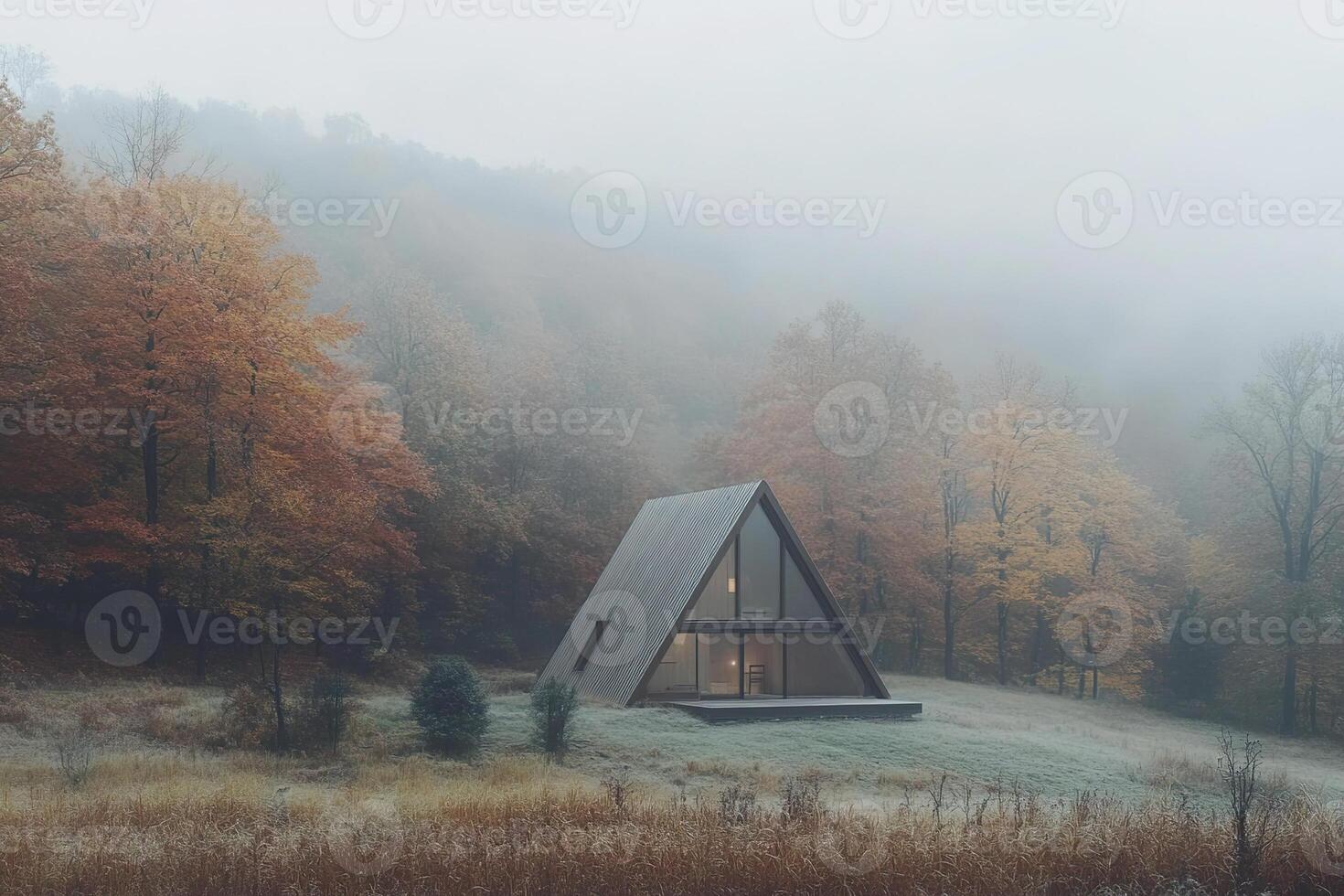 Modern triangular cabin nestled in a foggy forest surrounded by autumn foliage. photo