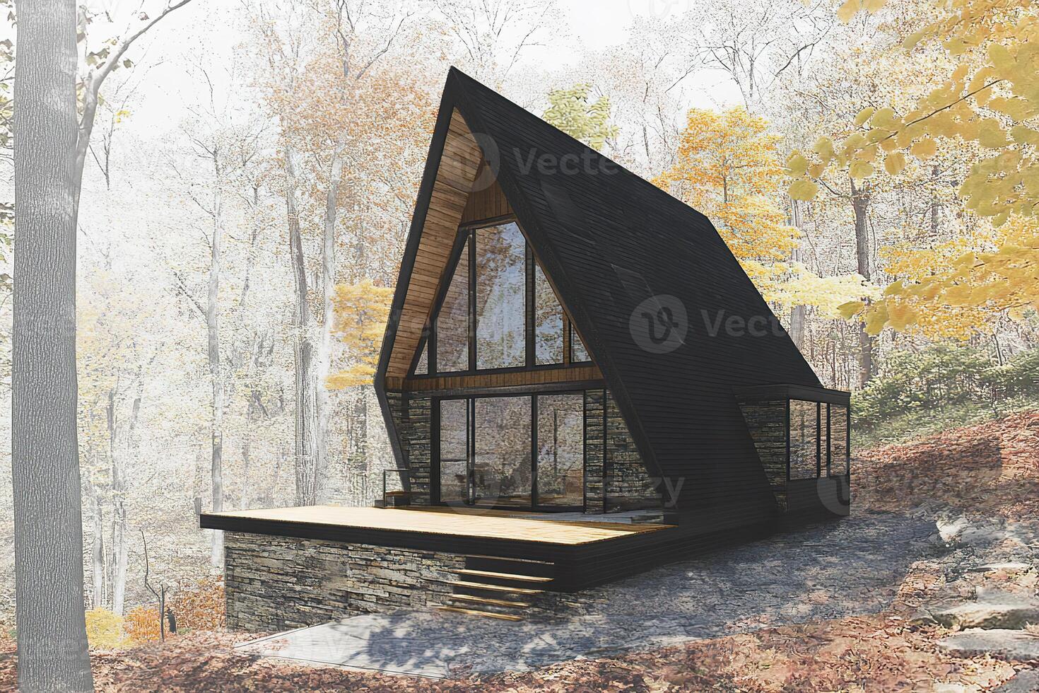 Modern two story triangular cabin blends into tranquil woods with striking architectural design. photo