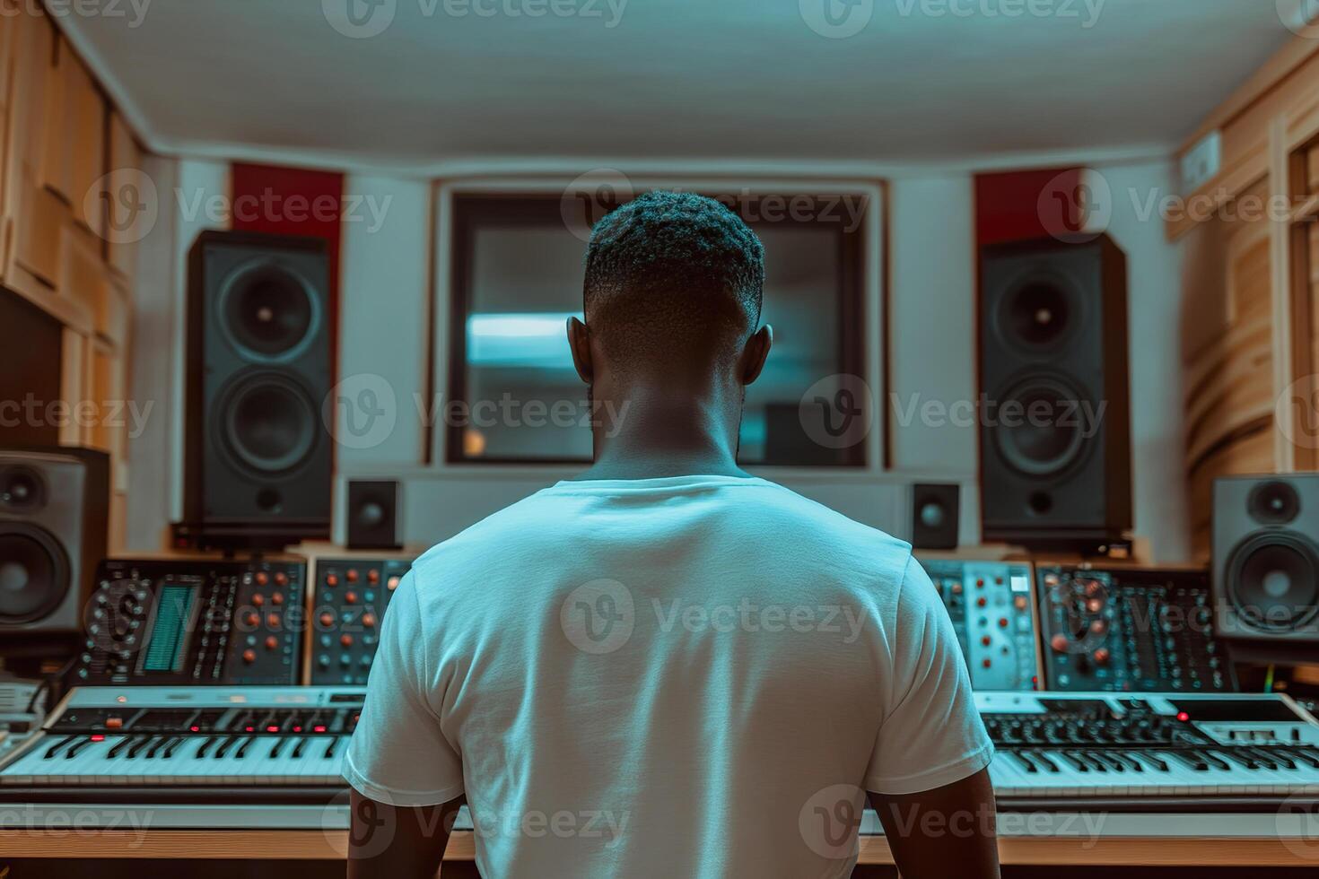 A man stands in his music and sound editing studio, focused on his work. photo