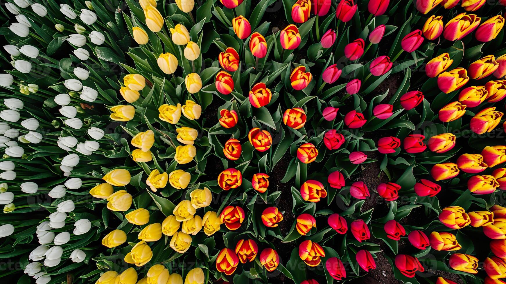 Aerial view of vibrant tulip fields in Netherlands showcasing colorful floral patterns in spring. photo