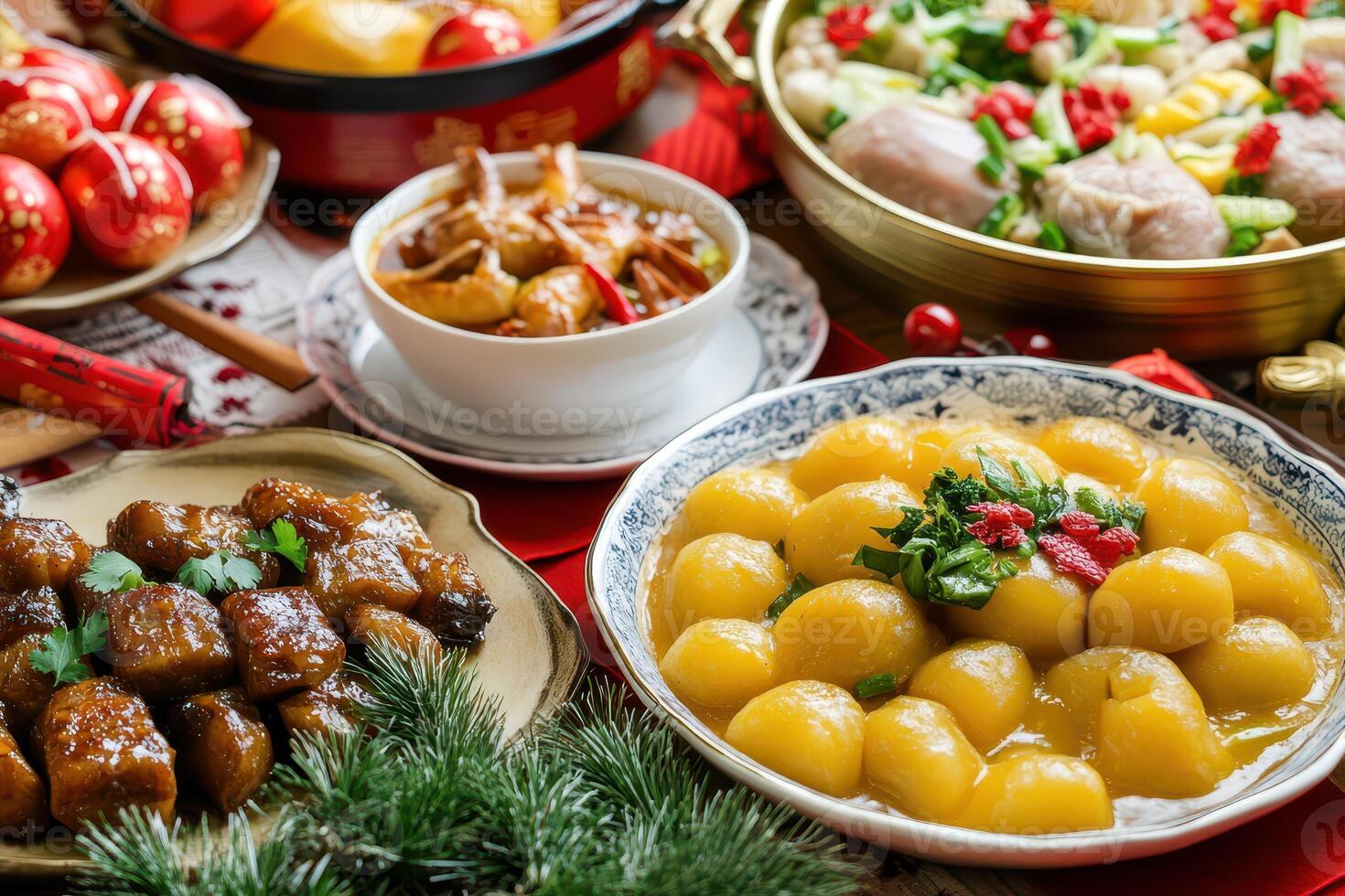 A table with many different dishes of food photo