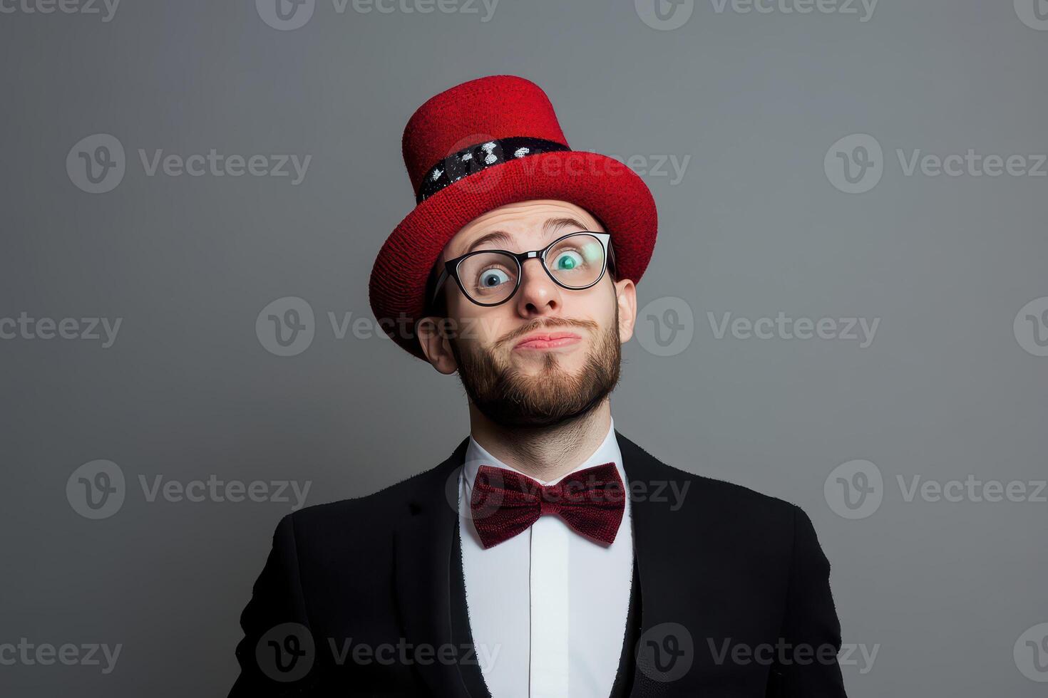 A man in a suit and bow tie with a red hat photo