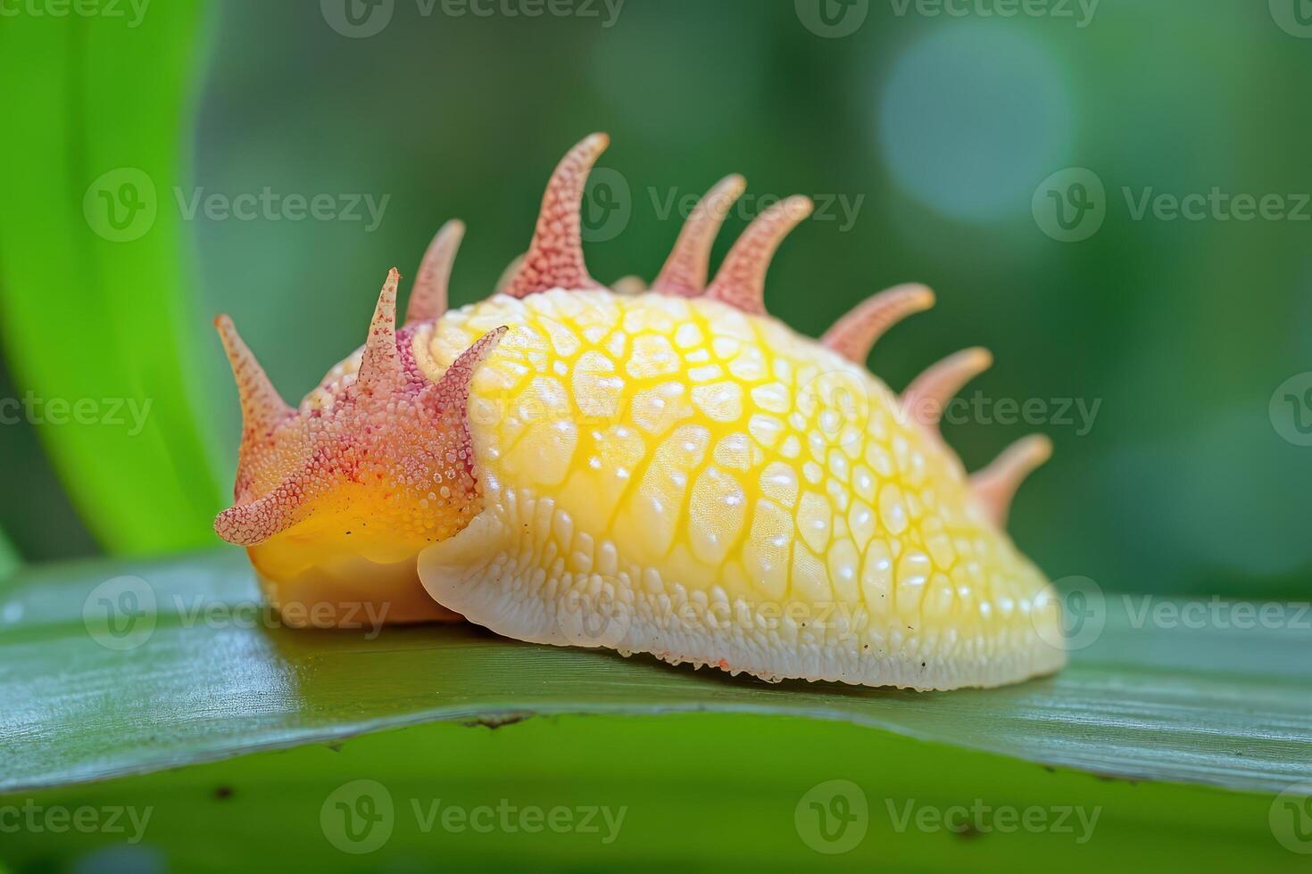 A yellow slug with red spikes on its back photo