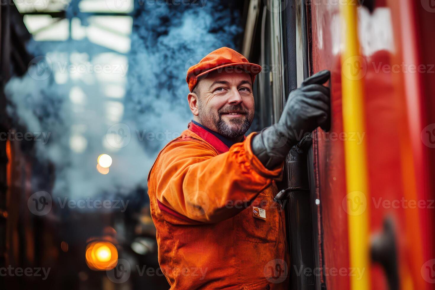 A man in an orange uniform is standing next to a train photo