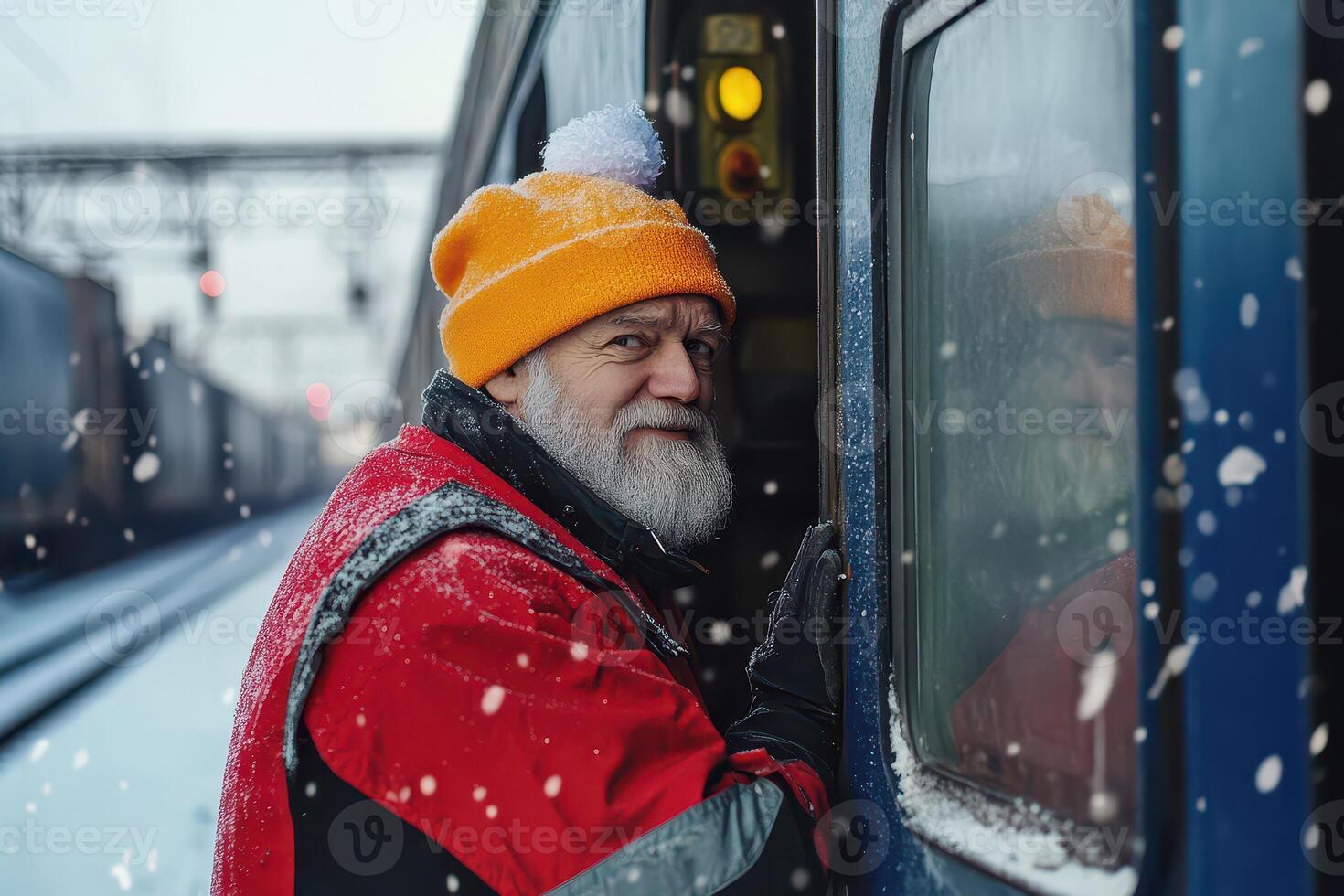 An old man with a beard and hat on a train photo