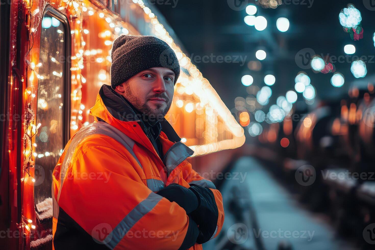 A man in an orange jacket and hat stands in front of a train photo