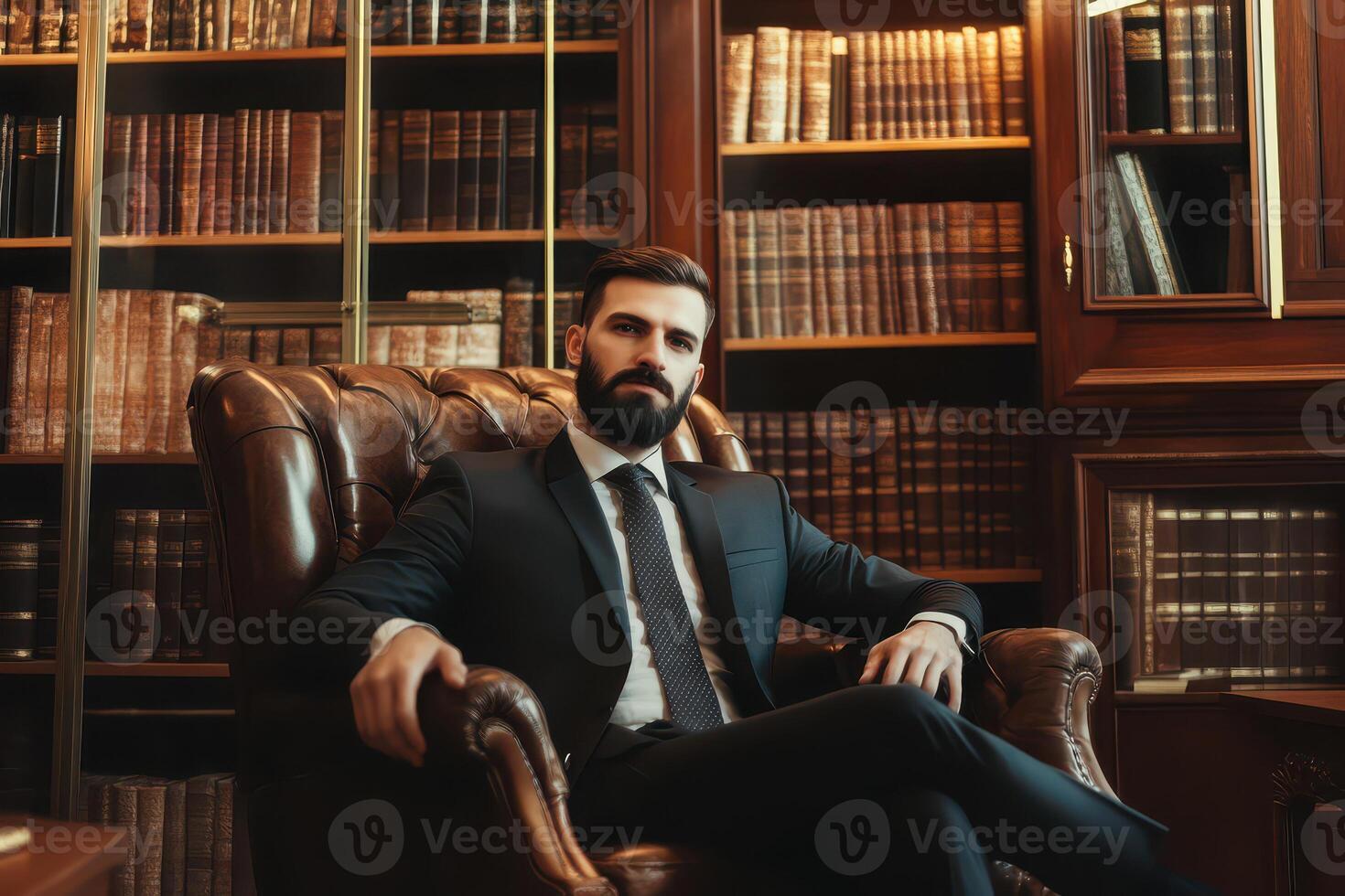 A man in a suit sitting in a chair in front of a bookcase photo