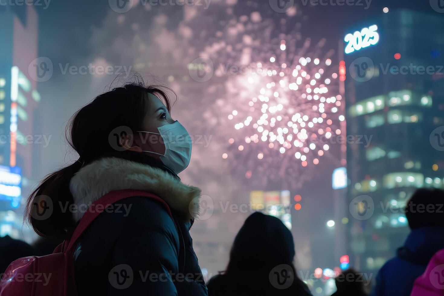 A woman wearing a face mask looks at fireworks in seoul, south korea, on new photo