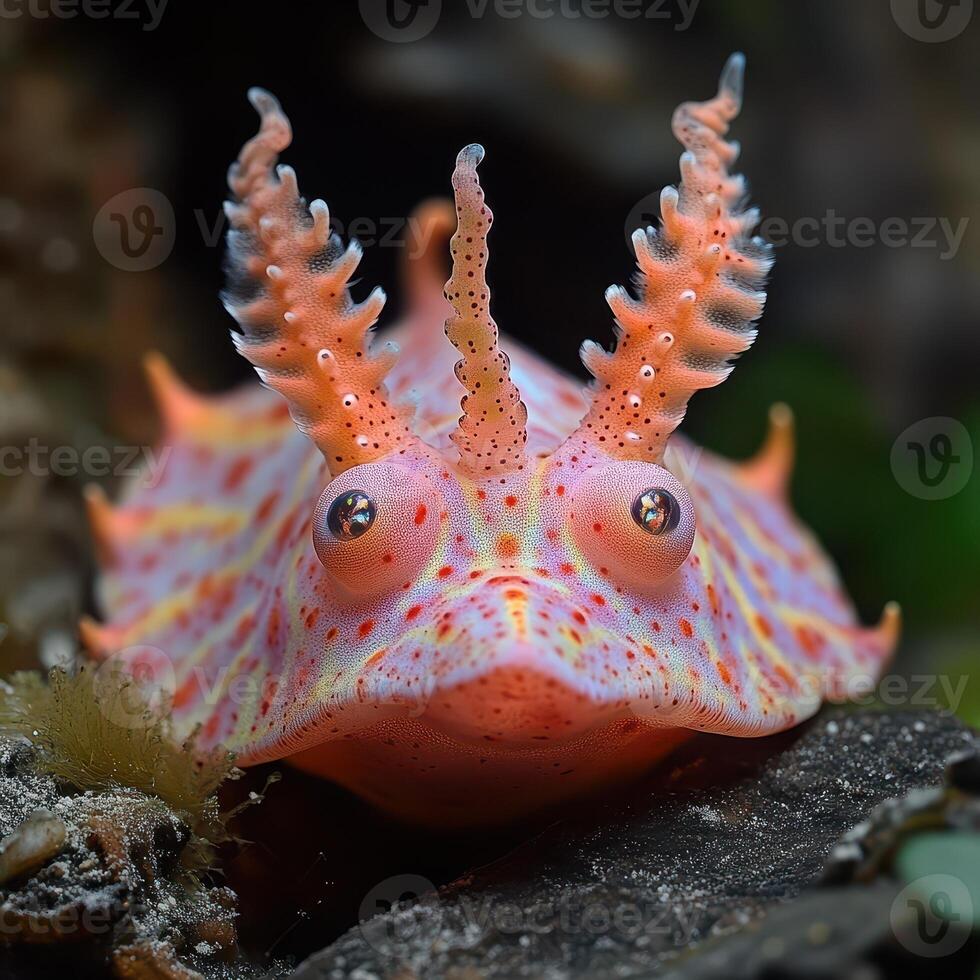 A pink and orange sea slug with large eyes photo