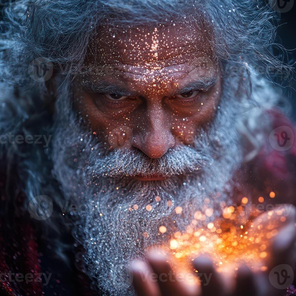 An old man with a long beard and white hair is holding a glowing light photo