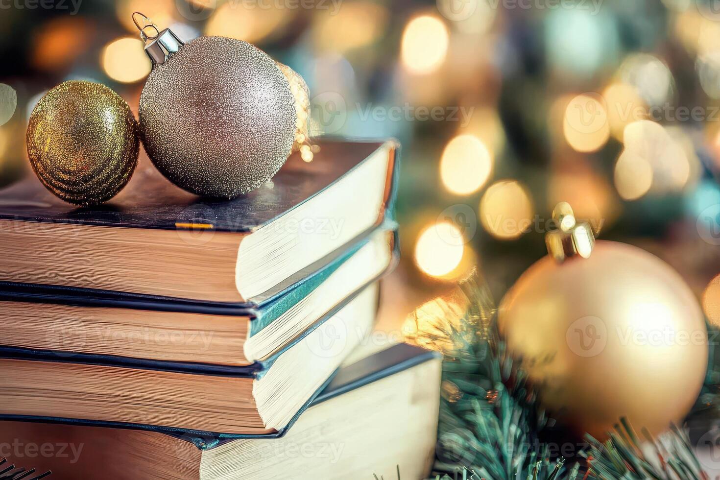 Christmas books and ornaments on a table photo