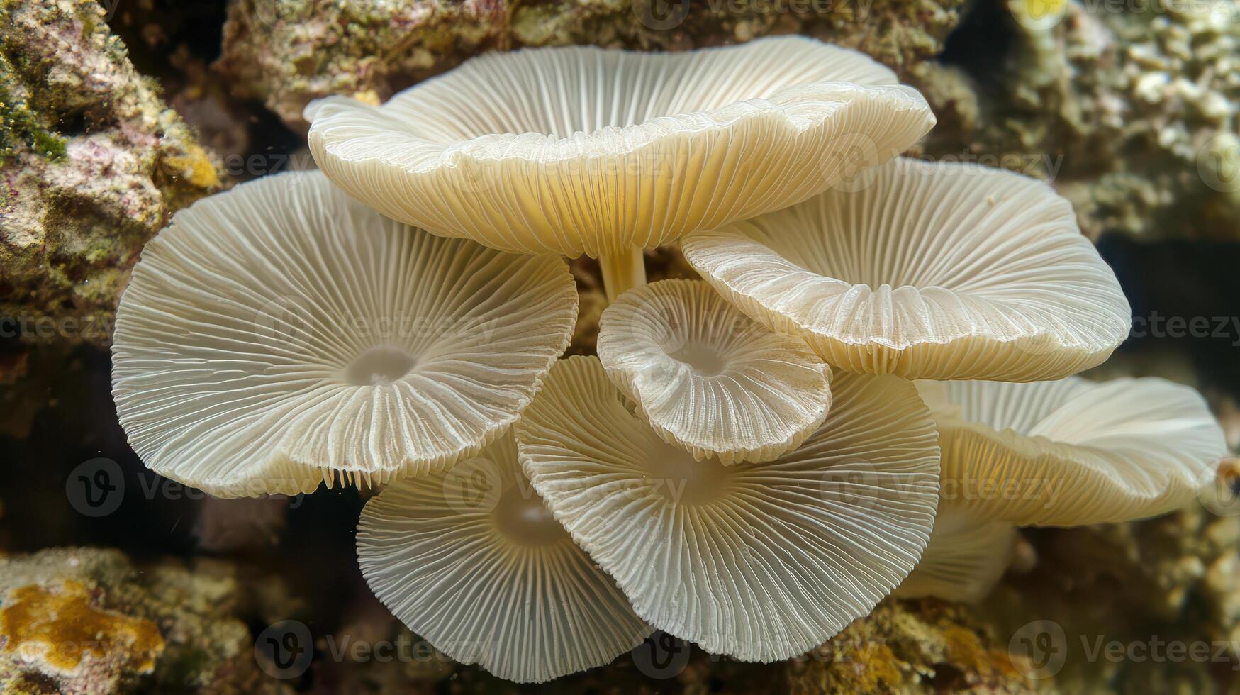A group of white mushrooms on a rock photo
