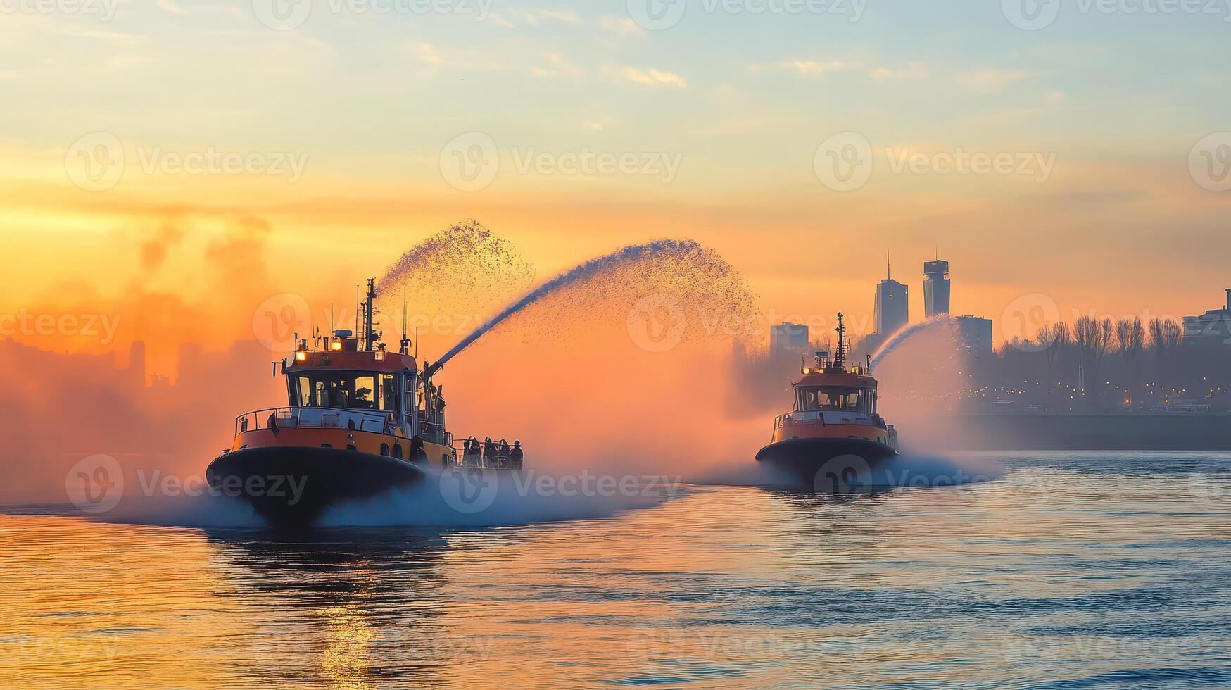 Two tugboats spraying water on the water photo