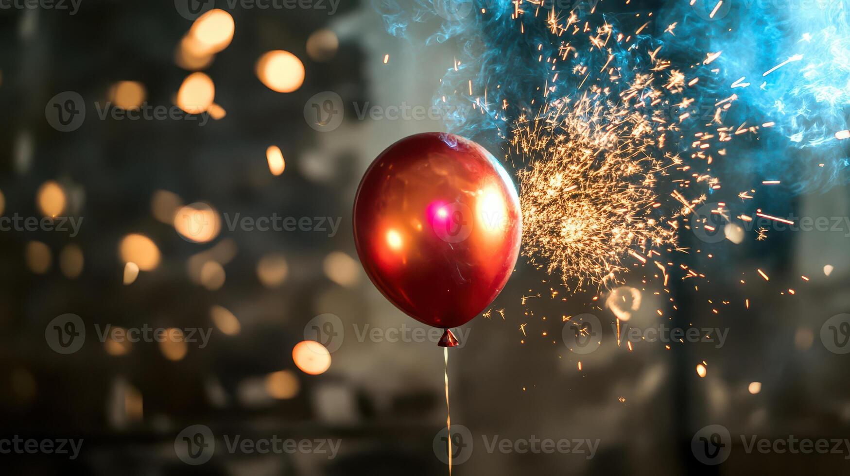 A red balloon with sparklers is being blown up photo