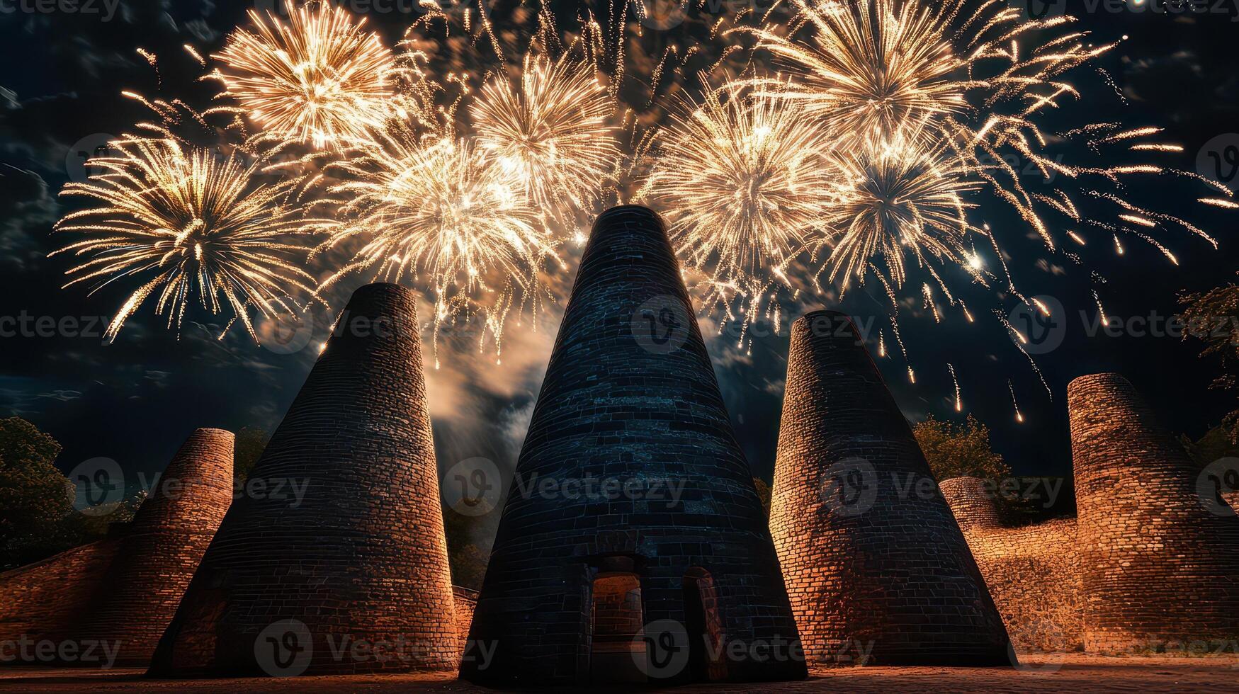 A large brick building with a large firework in the sky photo