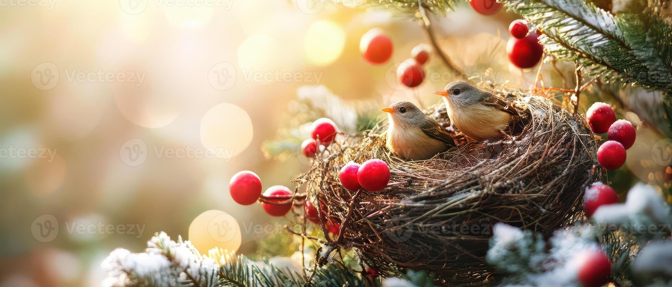 Two birds in a nest with berries on a tree photo