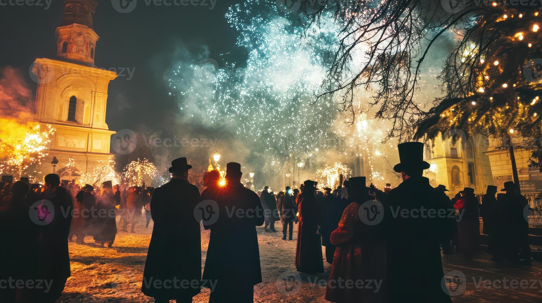People in black clothing are standing in front of a church at night photo