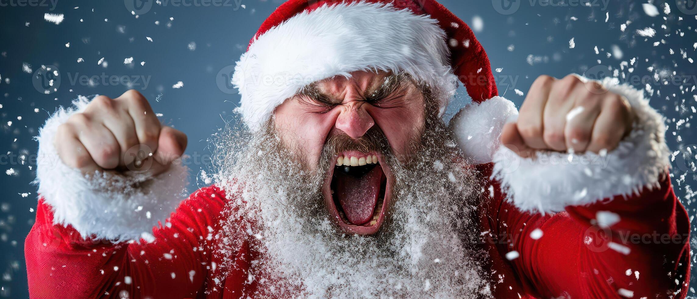 A man in santa claus costume is yelling photo