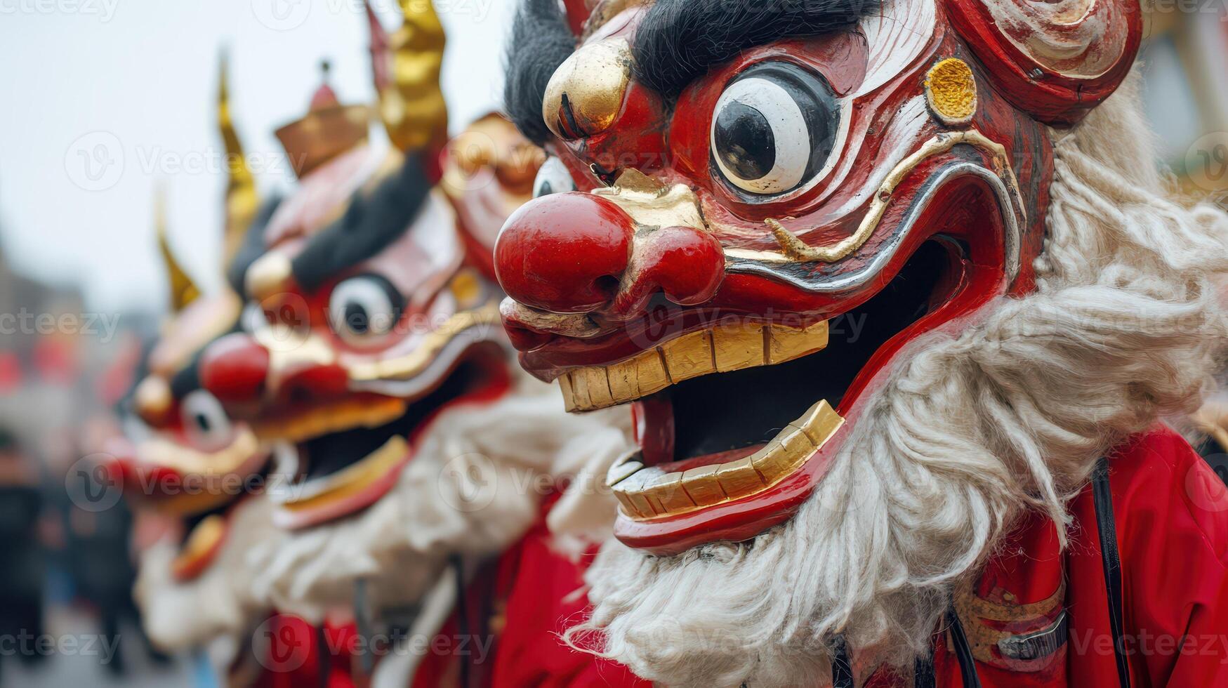 Chinese dragon masks are on display in a parade photo