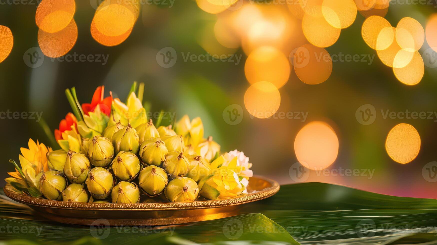 A bowl of flowers on a leaf with a bokeh background photo