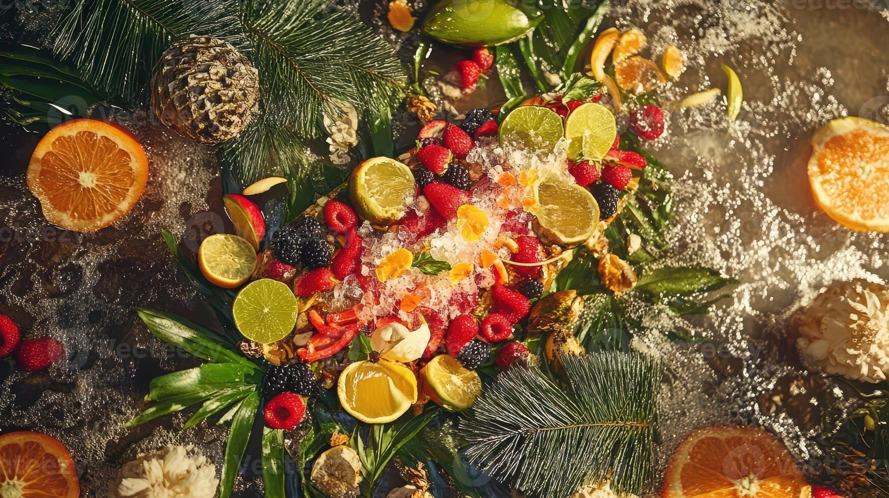 A wreath of fruit and vegetables on a table photo