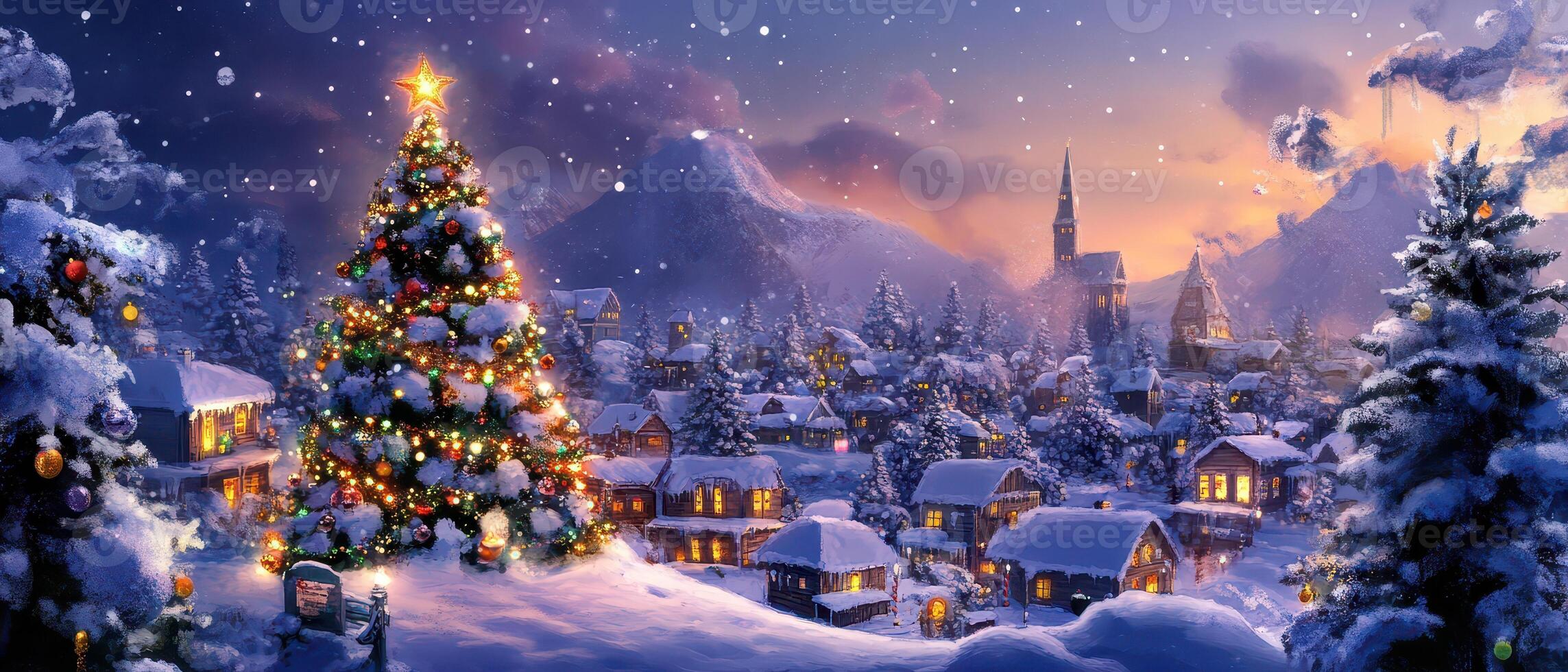 Christmas tree in the snow with houses and trees photo