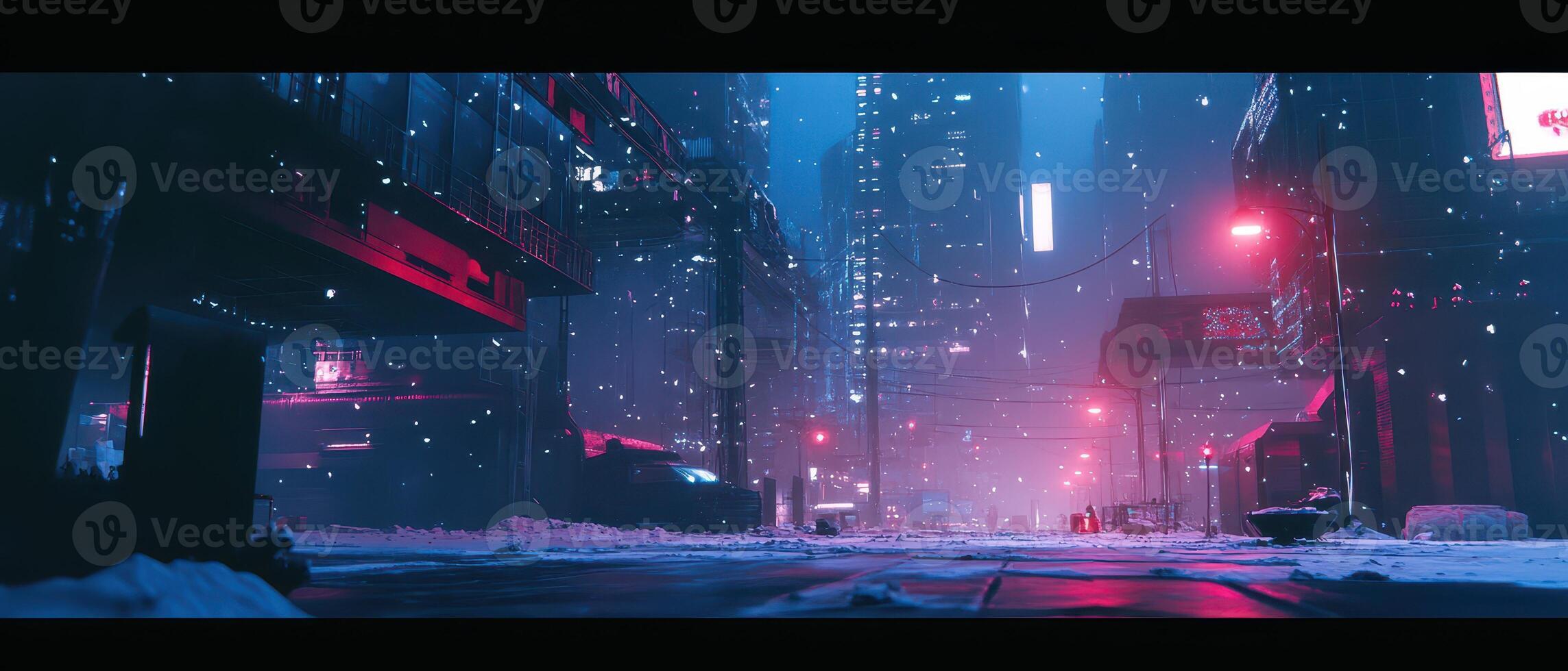 A city street at night with snow falling photo