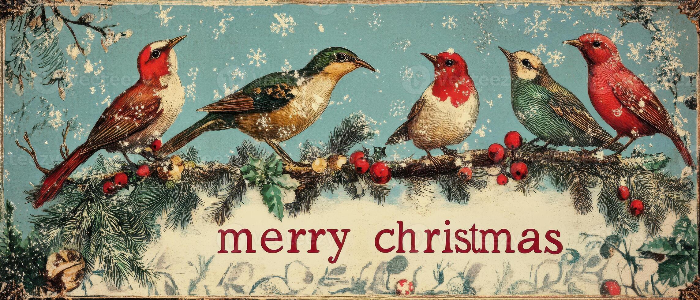 Vintage christmas card with birds on a branch photo
