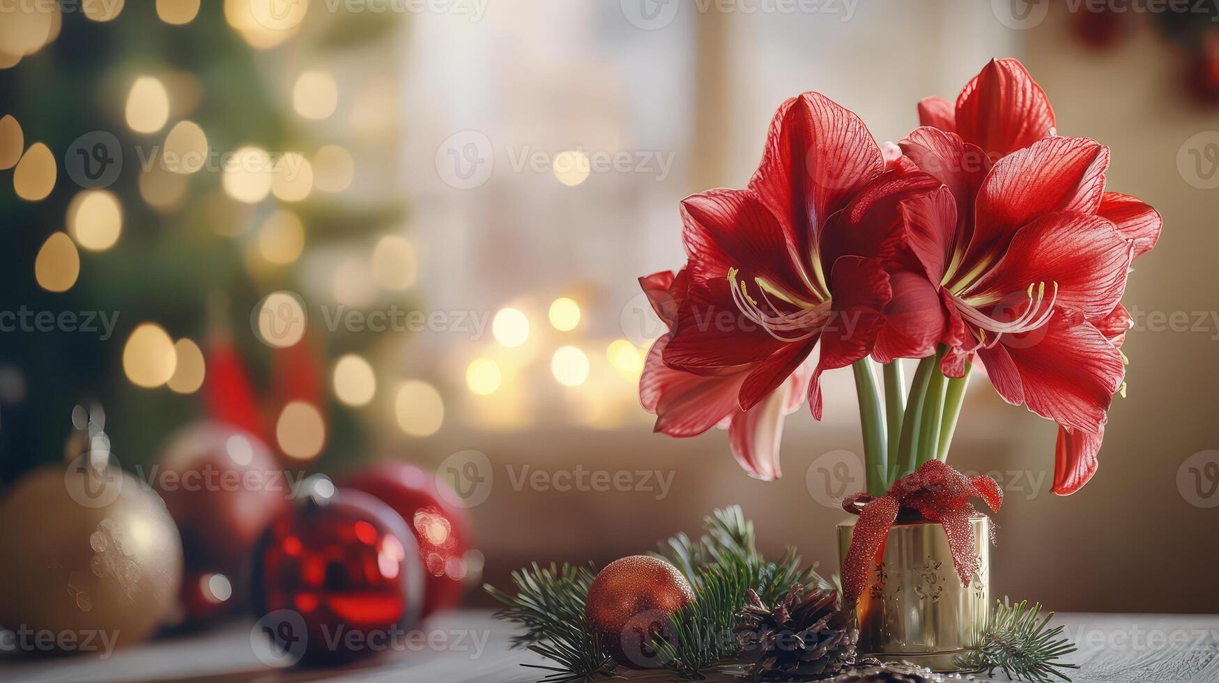 A vase with red flowers on a table in front of a christmas tree photo