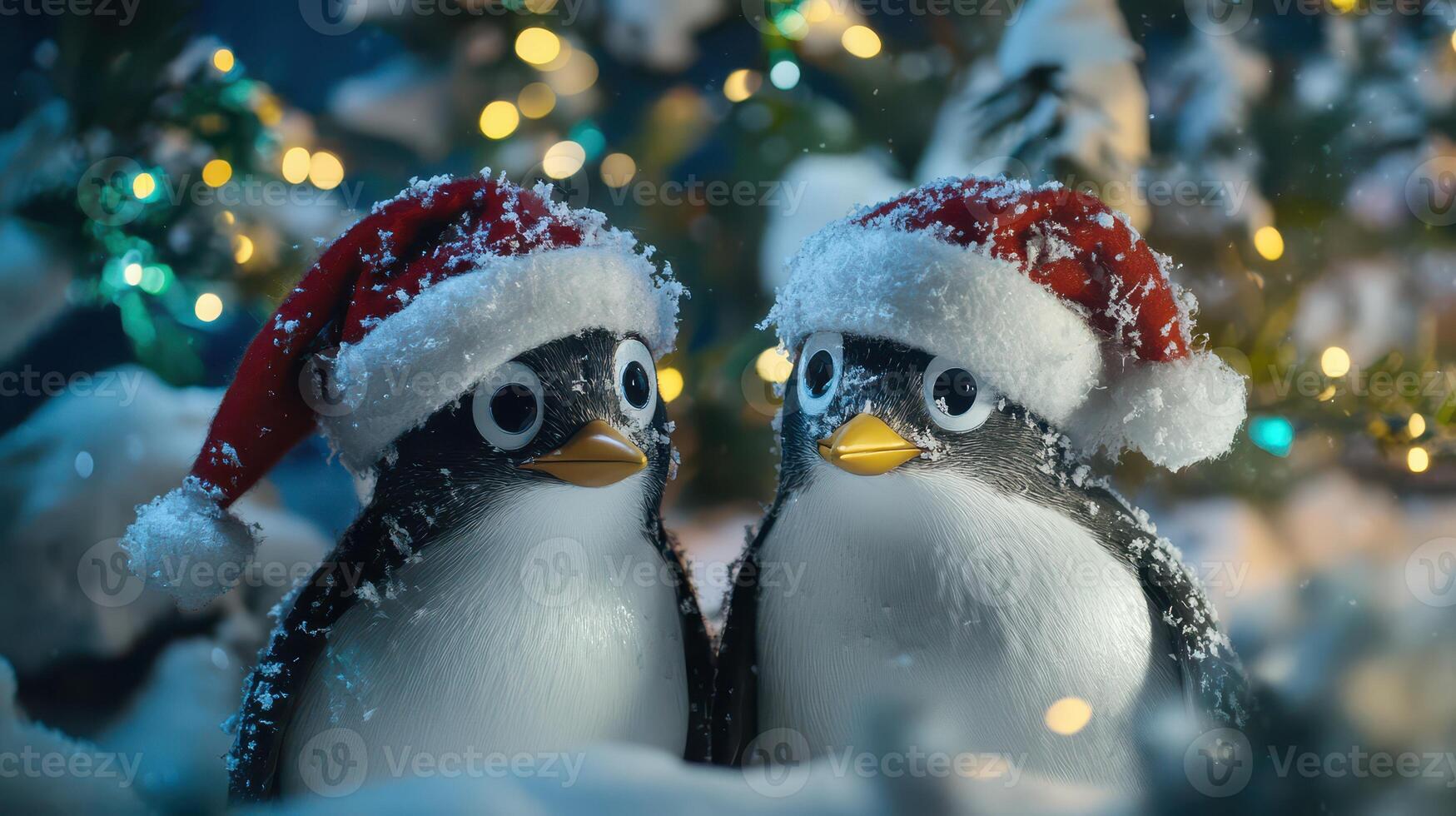 Two penguins wearing santa hats in front of a christmas tree photo