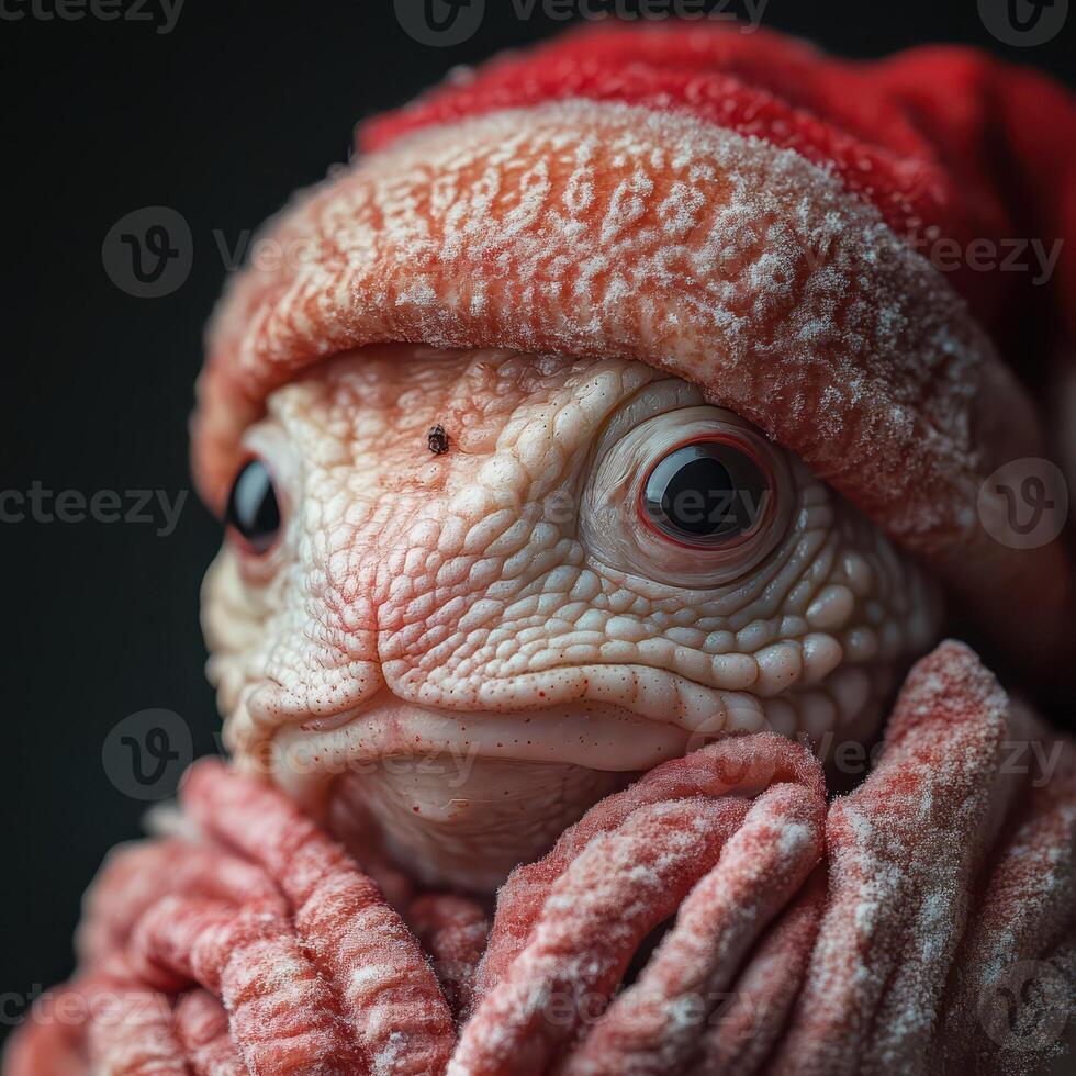 A lizard wearing a red hat and scarf photo