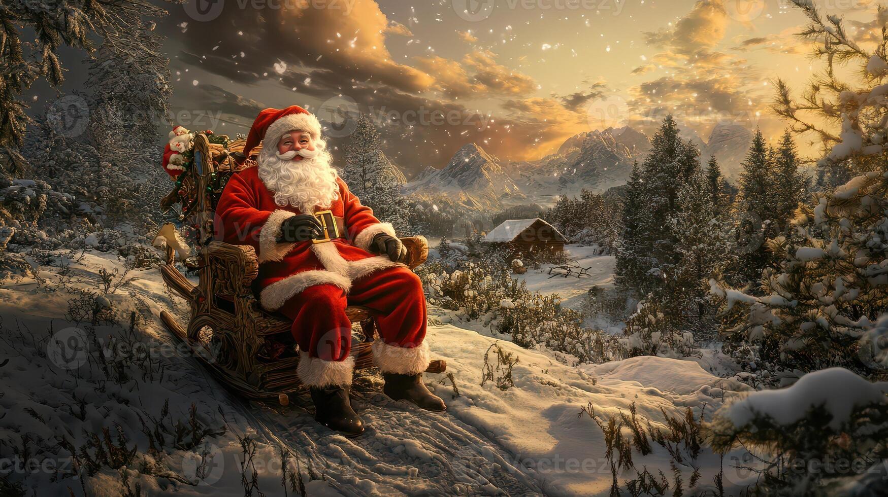 Santa claus sitting on a sled in the snow photo