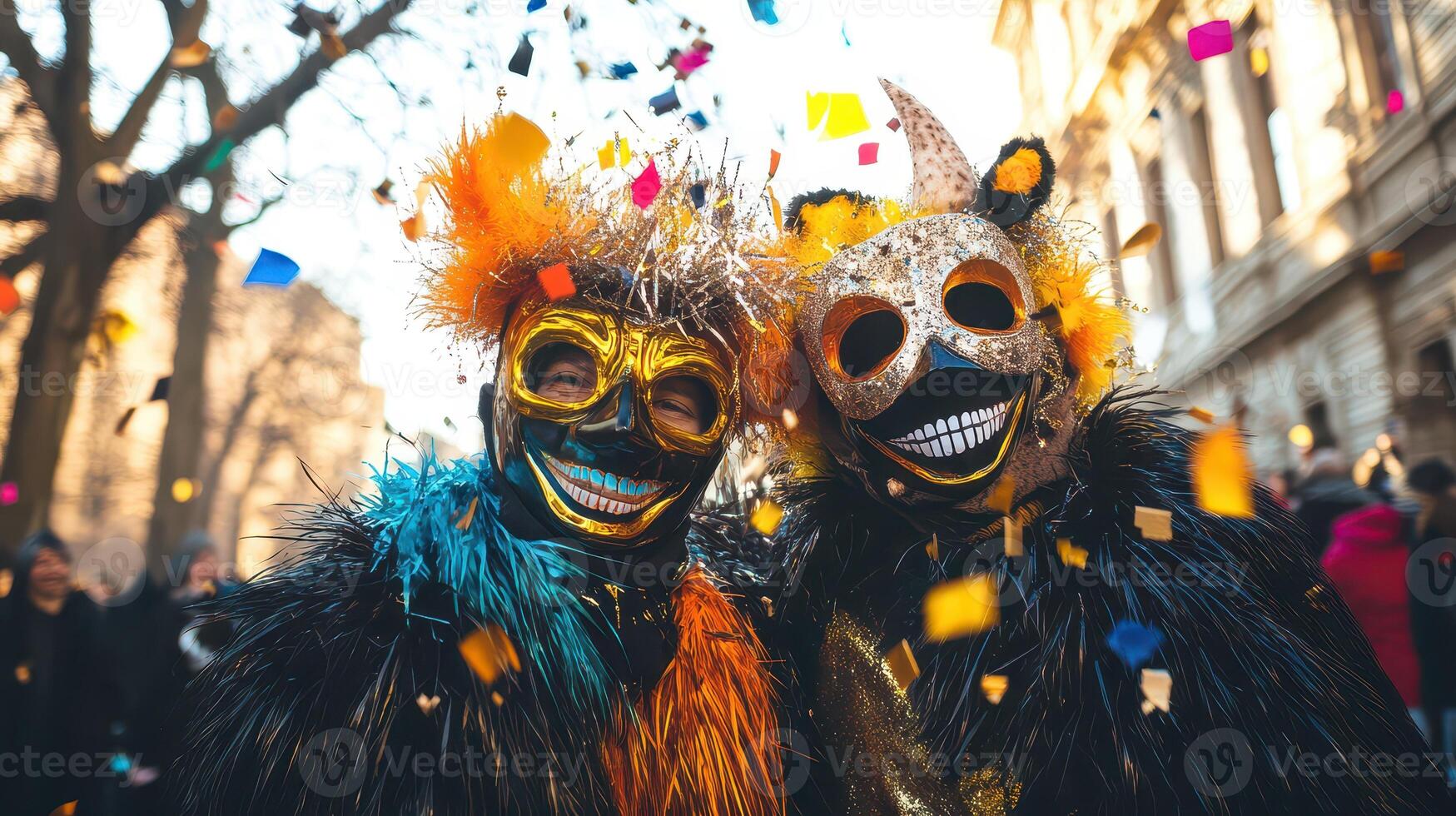 Two people wearing colorful masks and colorful confetti photo