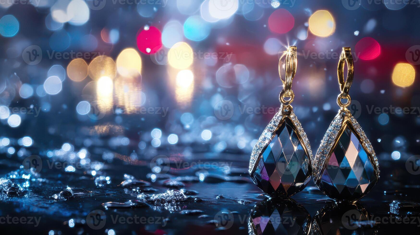 A pair of earrings with diamonds on a rainy night photo