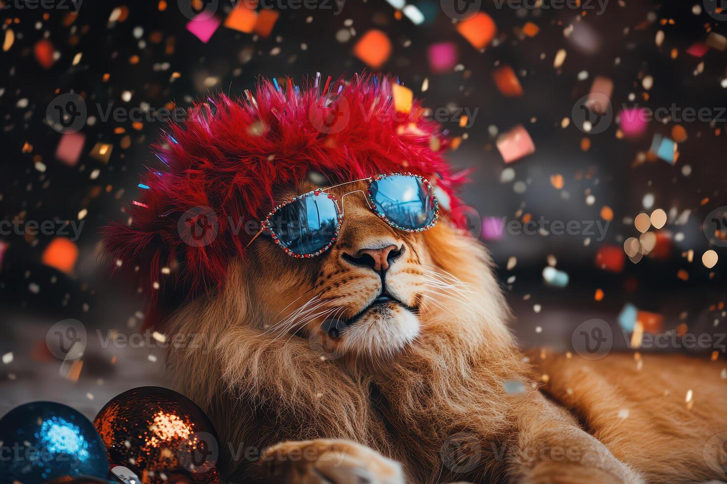 A lion wearing sunglasses and a red wig photo
