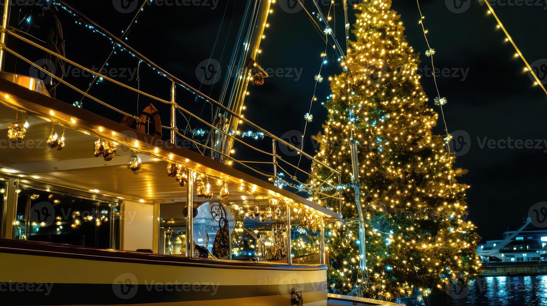 A boat with lights on the deck photo