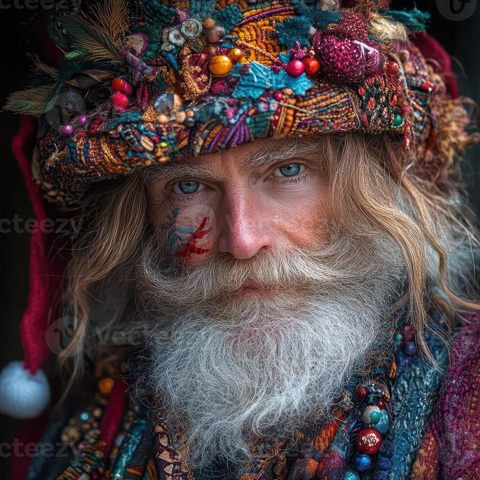 A bearded man with a long white beard and a hat photo