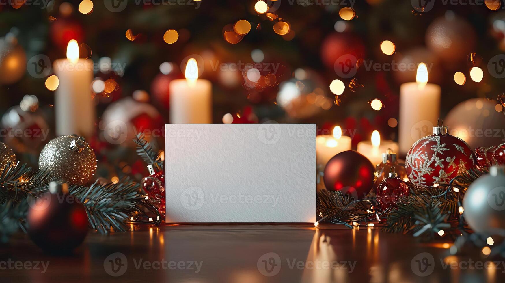 Blank Christmas dinner party card mockup, warm and festive dining setup photo