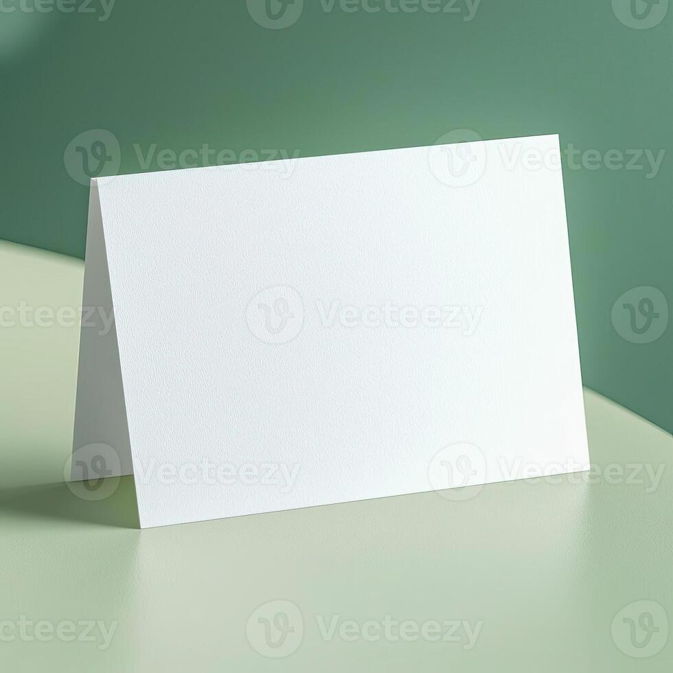 white greeting card on a display product mockup pastel green background photo