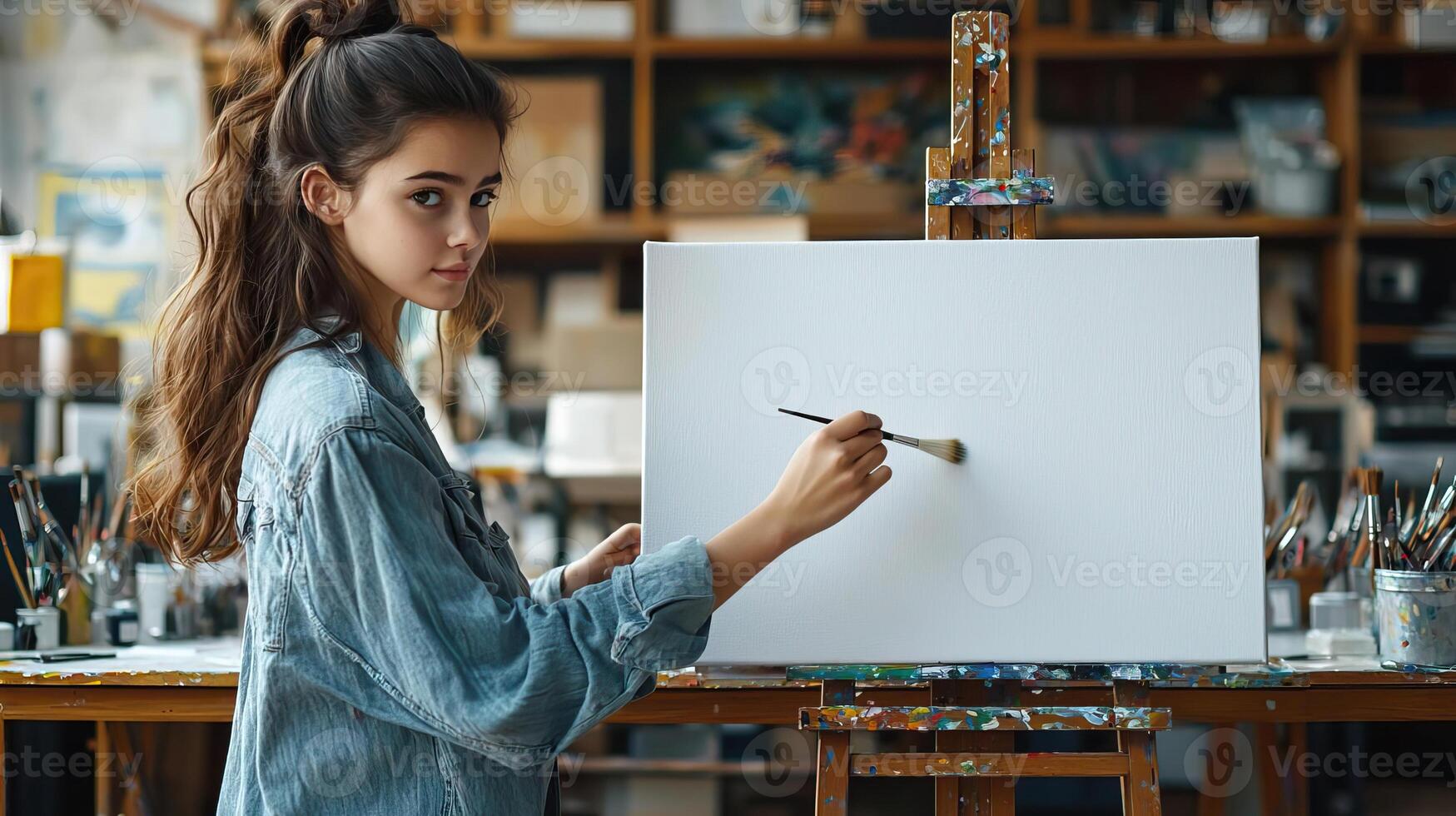 painter with a thoughtful expression, making the first brushstroke on a blank canvas in a well-equipped art studio photo