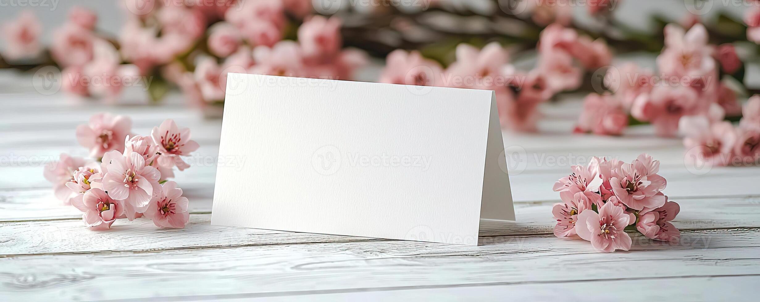 greetings card stood up on white wood table with pink flowers lying flat on table photo